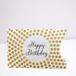 Gold-gepunktete Kartenverpackung mit "Happy Birthday" Schriftzug