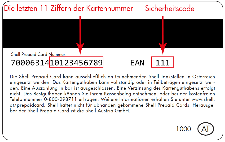 Rückseite der Shell Prepaid Card mit Hinweis auf EAN-Code und Kartennummer
