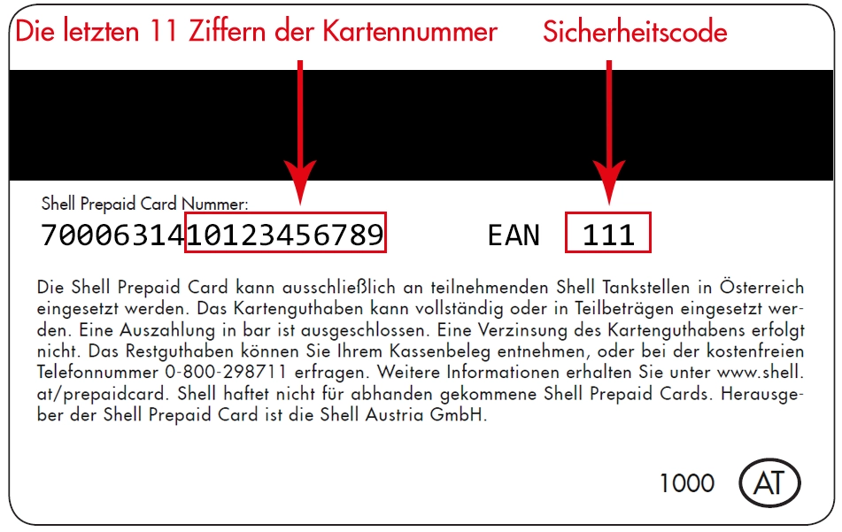 Rückseite der Shell Prepaid Card mit Hinweis auf EAN-Code und Kartennummer